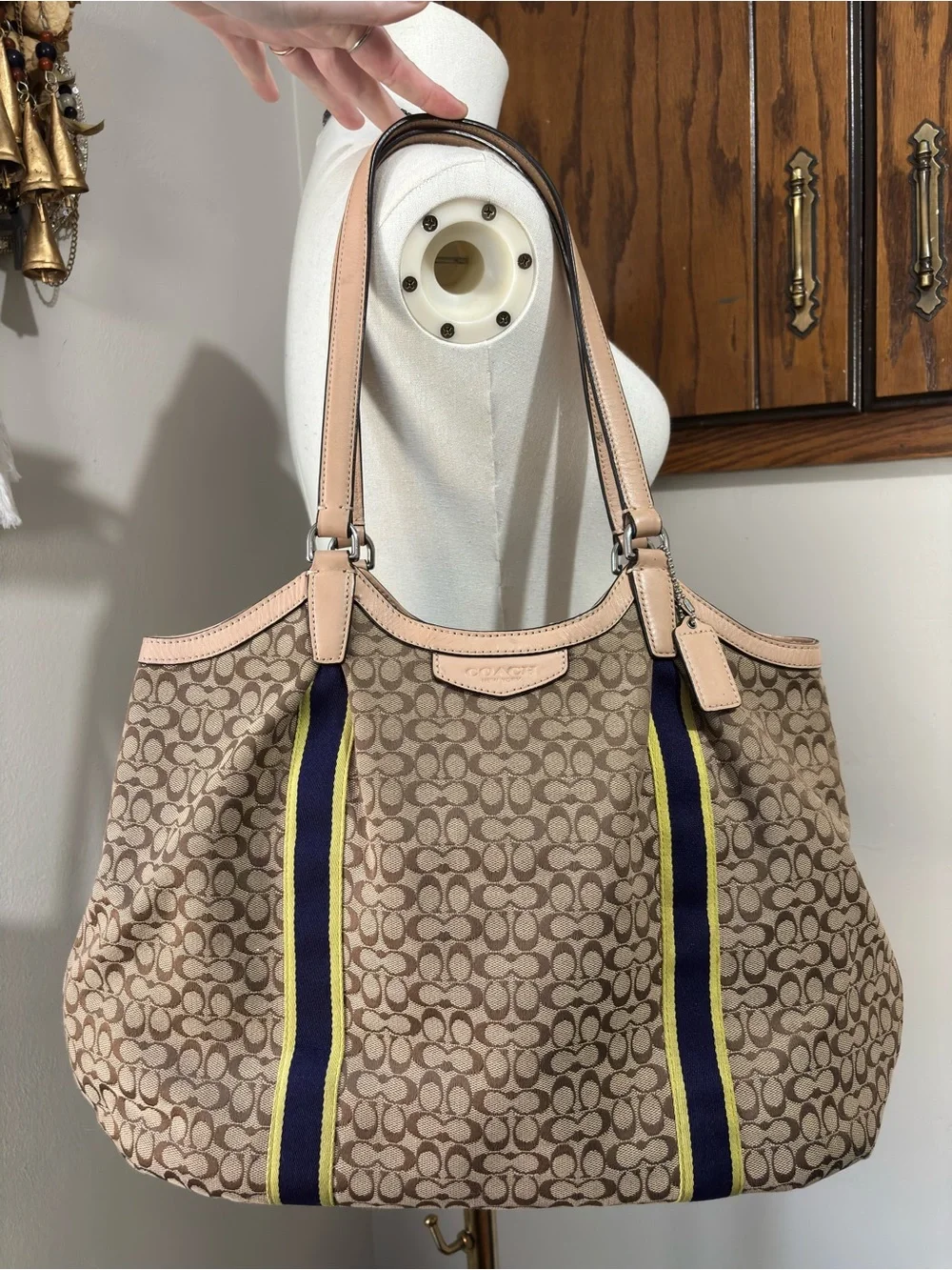 Coach Brown Signature Canvas Hobo Tote Slouchy Purse Leather Trim Navy Stripes